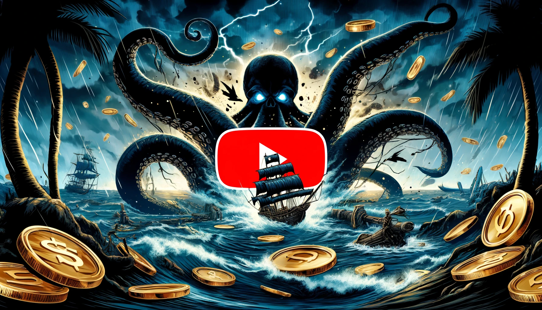 DALL·E 2024-04-20 18.40.27 - A dynamic YouTube thumbnail featuring a kraken and pirate-themed elements. The kraken's tentacles emerge from the ocean with a pirate ship in the back