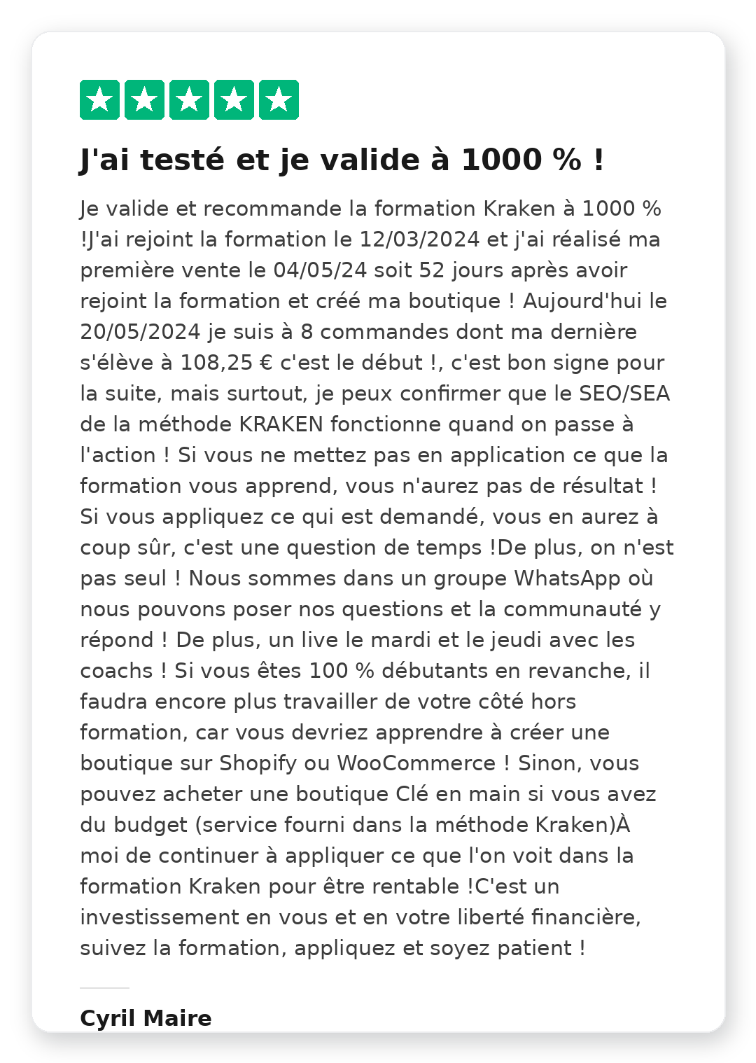 Avis client Trustpilot 5 étoiles