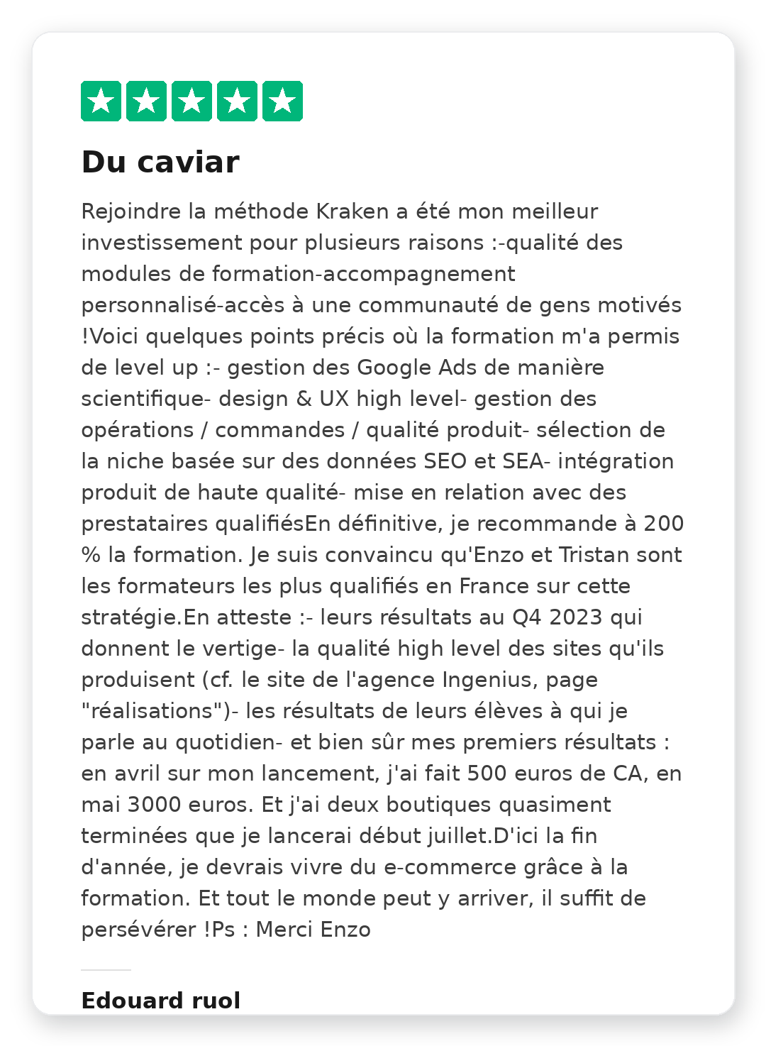 Avis client Trustpilot 5 étoiles