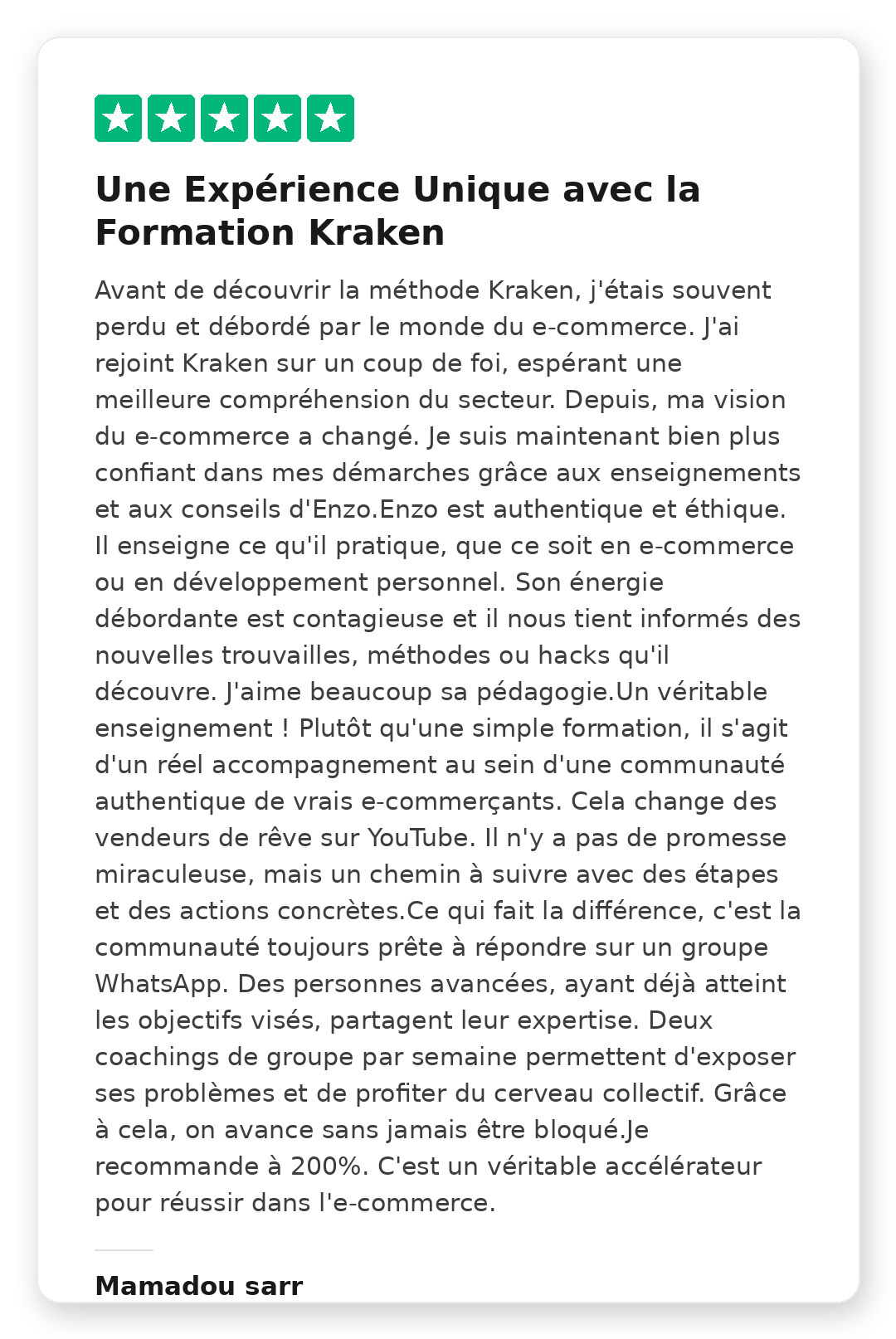 Avis client Trustpilot 5 étoiles