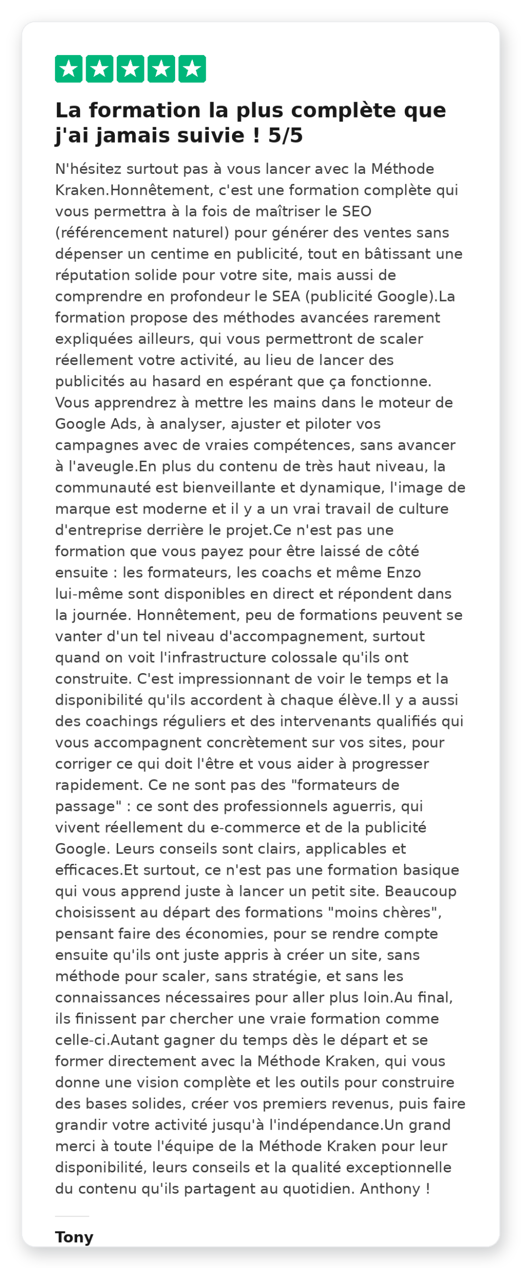 Avis client Trustpilot 5 étoiles
